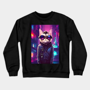 Techno Cat In Japan Neon City Crewneck Sweatshirt